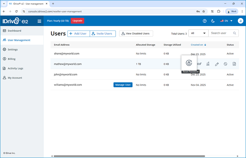 Faq Reseller - reset password request screen for a reseller managed user