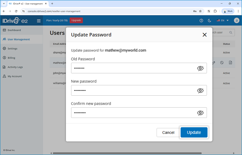 Faq Reseller - password update confirmation popup for reseller user